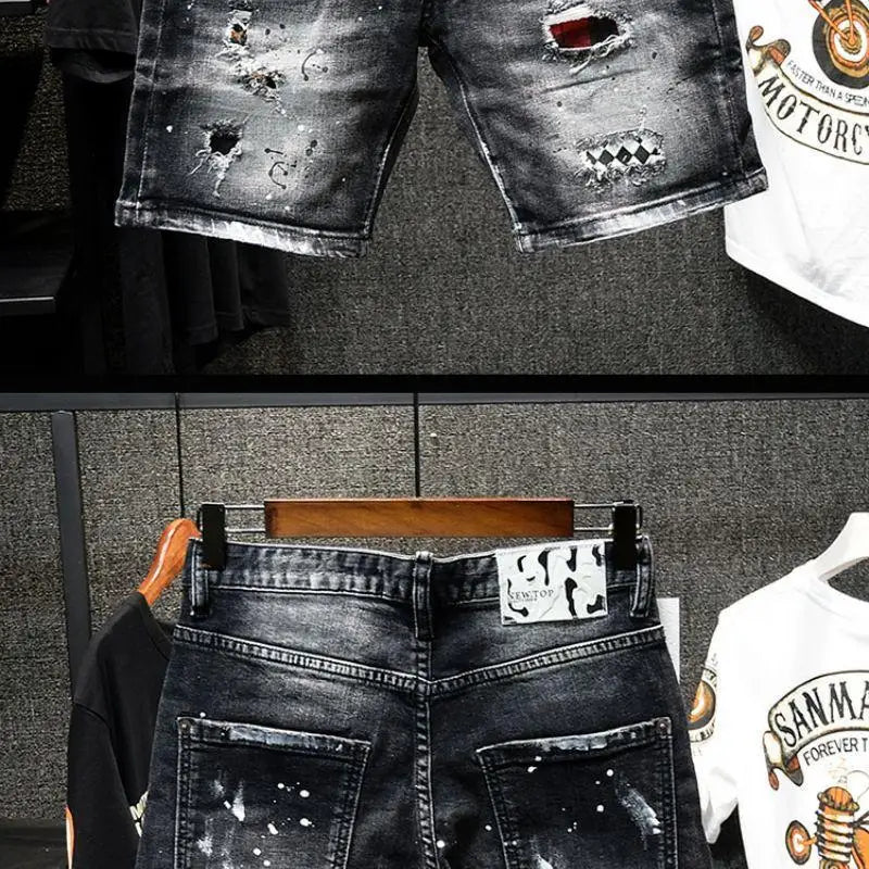 Luxury Brand Designer Clothes Men's Casual Denim Knee-Length Shorts Summer 2024 Fashion Black Patches Paint Jeans Shorts Men