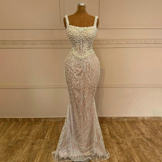 Serene Hill White Nude Spaghetti Strap Mermaid Evening Dresses Gowns Luxury Pearls Beaded For Women Wedding Party 2024 LA72266