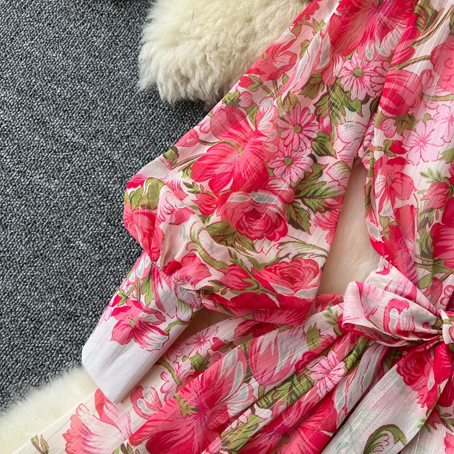 Retro Print o neck  lool sleeve sashes Single Breasted Dress A-line Casual High Waist Women Summer chiffon Dresses