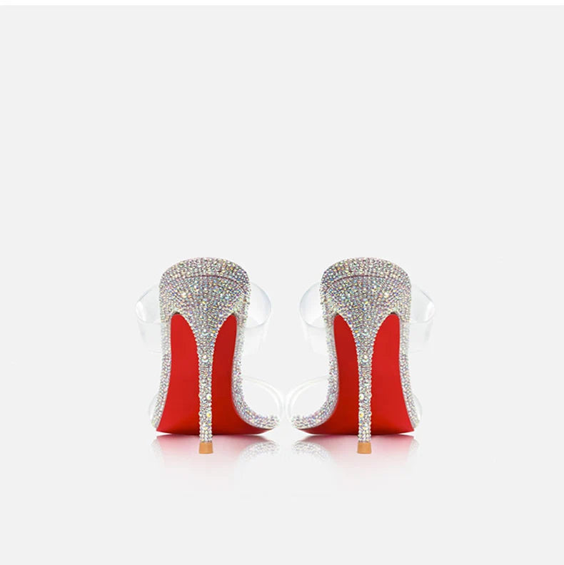 Transparent PVC Rhinestone Women's sandals Red Shiny Bottoms heeled sandals trend 2024 High-heeled slippers Luxury party women