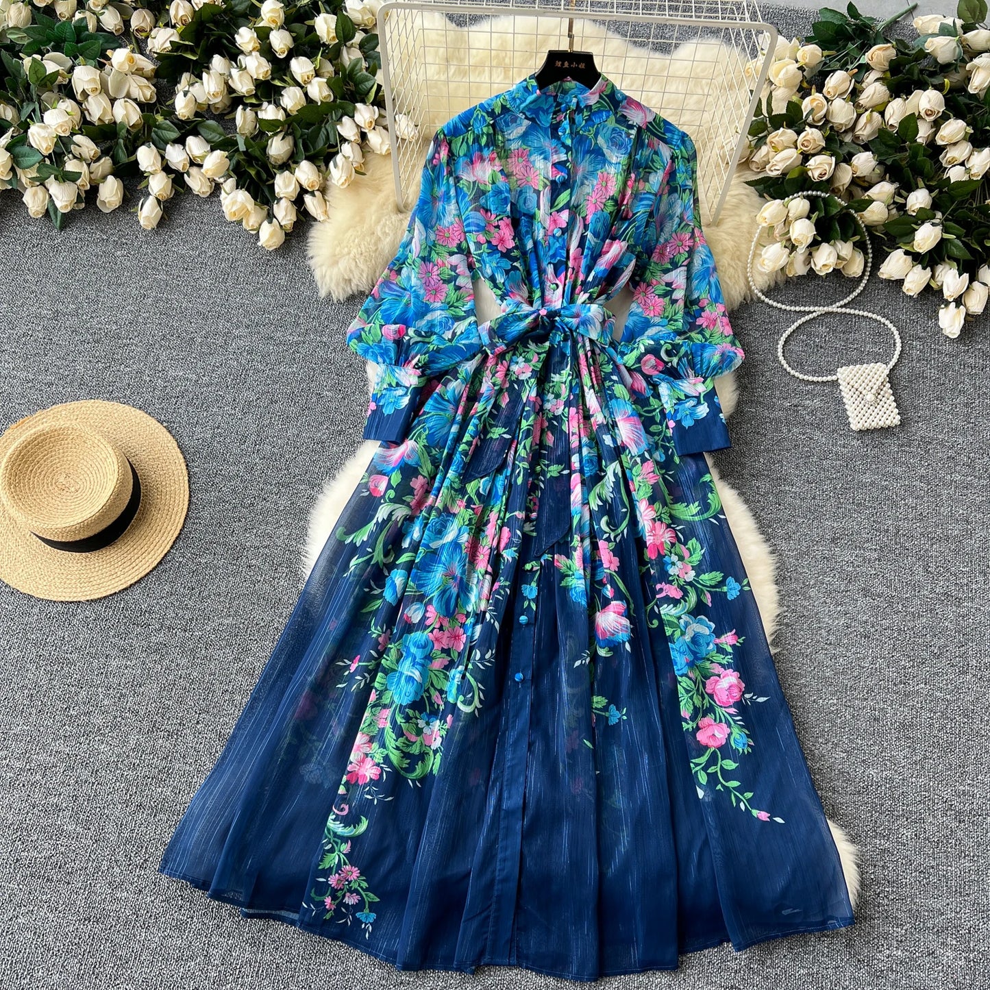 Retro Print o neck  lool sleeve sashes Single Breasted Dress A-line Casual High Waist Women Summer chiffon Dresses