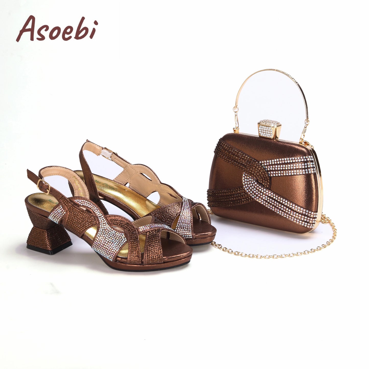 Black Color Sandals for Women 2024 Luxury Comfortable Pumps Low Heels Rhinestone Design Wedding Party Shoes and Bags Set