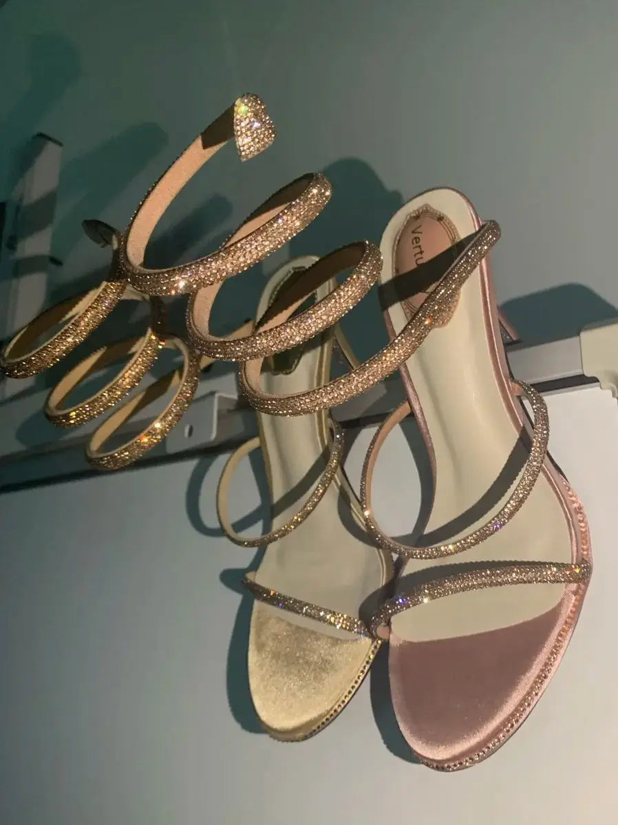 CHMURY Snake Wrapped Sandals Women's Summer Fashion 2024 New  Black Sexy Rhinestone Glitter Craystal Thin Heel High Heels