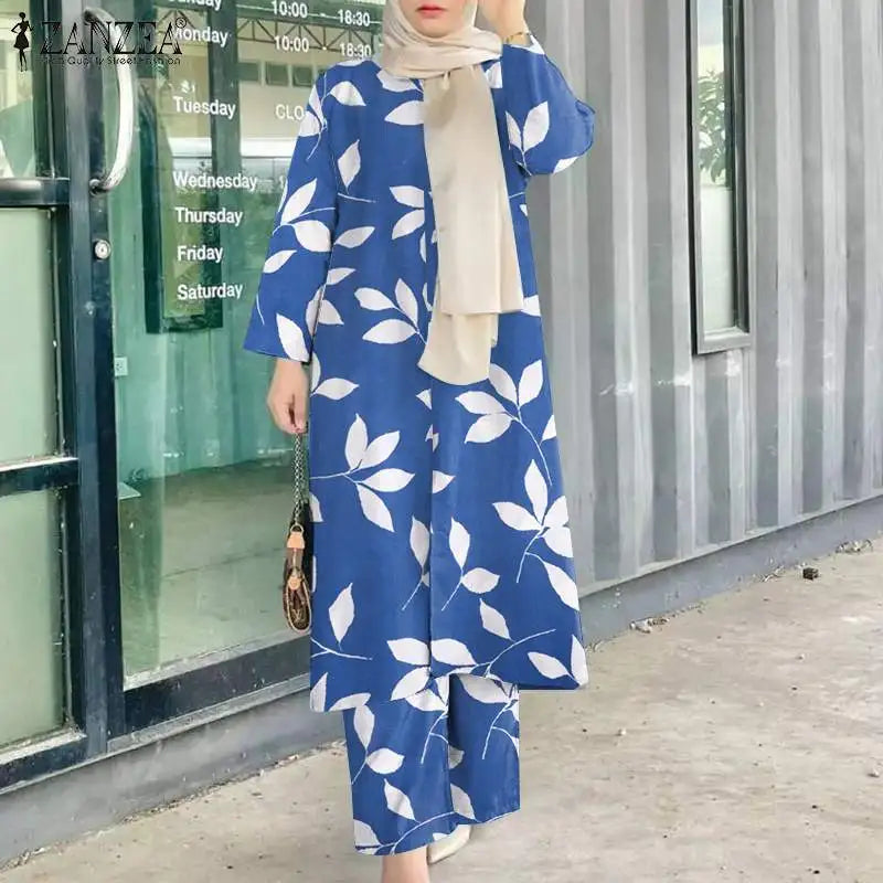 ZANZEA Vintage Women Long Sleeve Blouse Pant Sets 2PCS Floral Printed Loose Abayas Turkey Kaftan Casual Fall Muslim Trouser Suit