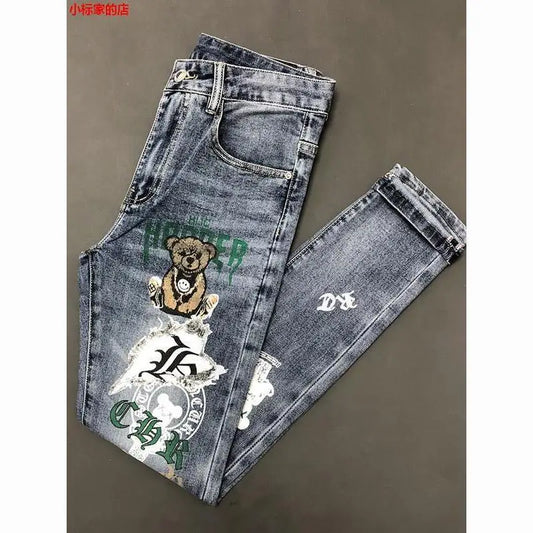 New Arrival Slim Fit Denim Jeans Cute Cartoon Bear Print for Men's Casual Spring Autumn Stretch Slim Jeans Hombre Graphic Jeans