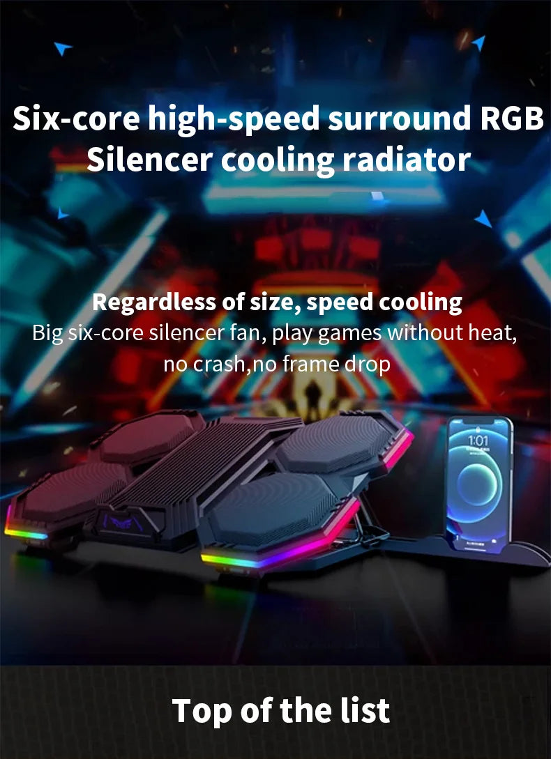 Laptop Cooler Cooling Pad 6 Fans Rgb Laptop Cooling Stand Cooler Radiator Base Notebook Holder with LED Phone Expansion Holder