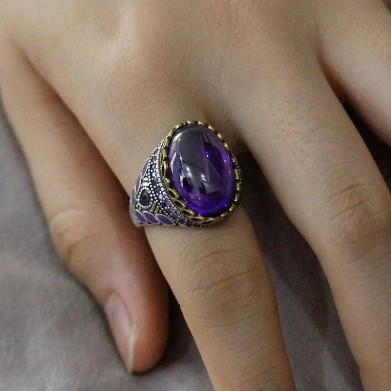 New Türkiye Women 925 Sterling Silver Handmade Ring AAA Purple Zircon Punk Vintage Mystery Christmas Party Jewelry Gift