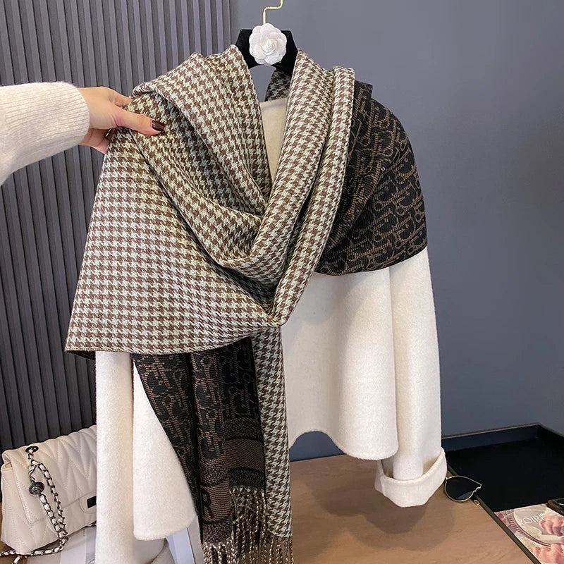 2024 Luxury Women Cashmere Winter Scarf Stripe Print Female Foulard Pashmina Large Double-sided Thick Warm Shawl Blanket Wraps