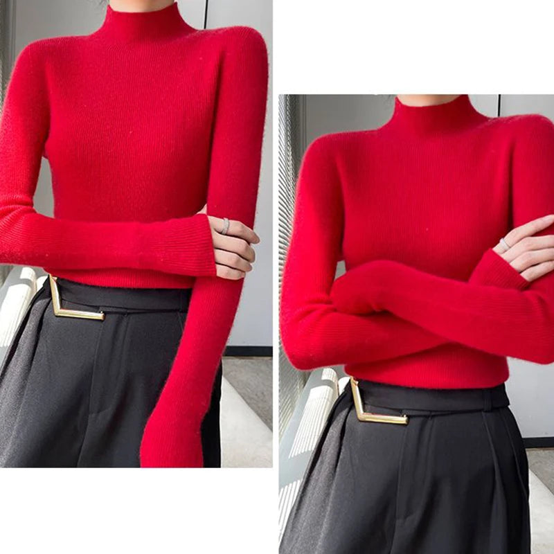 Solid Sweater Women Half Turtleneck Knitted Pullovers Harajuku Korean Thick Knitwear Autumn Winter Fashion Slim Jumpers
