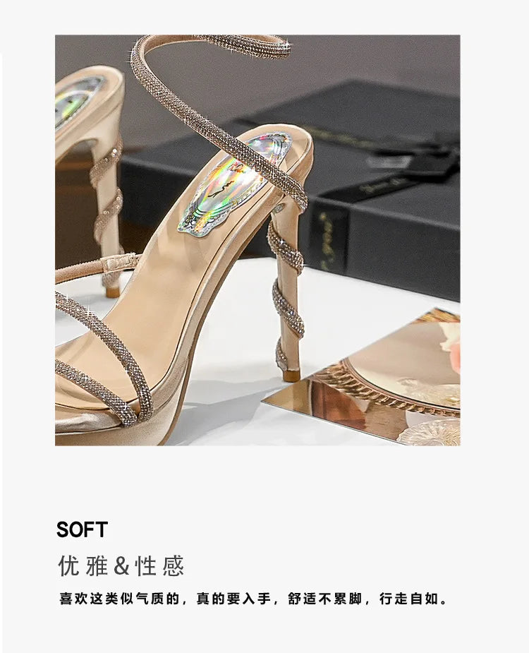Summer new round toe waterproof table snake-shaped rhinestone women's shoes thin high-heeled banquet dress versatile sexy sandal