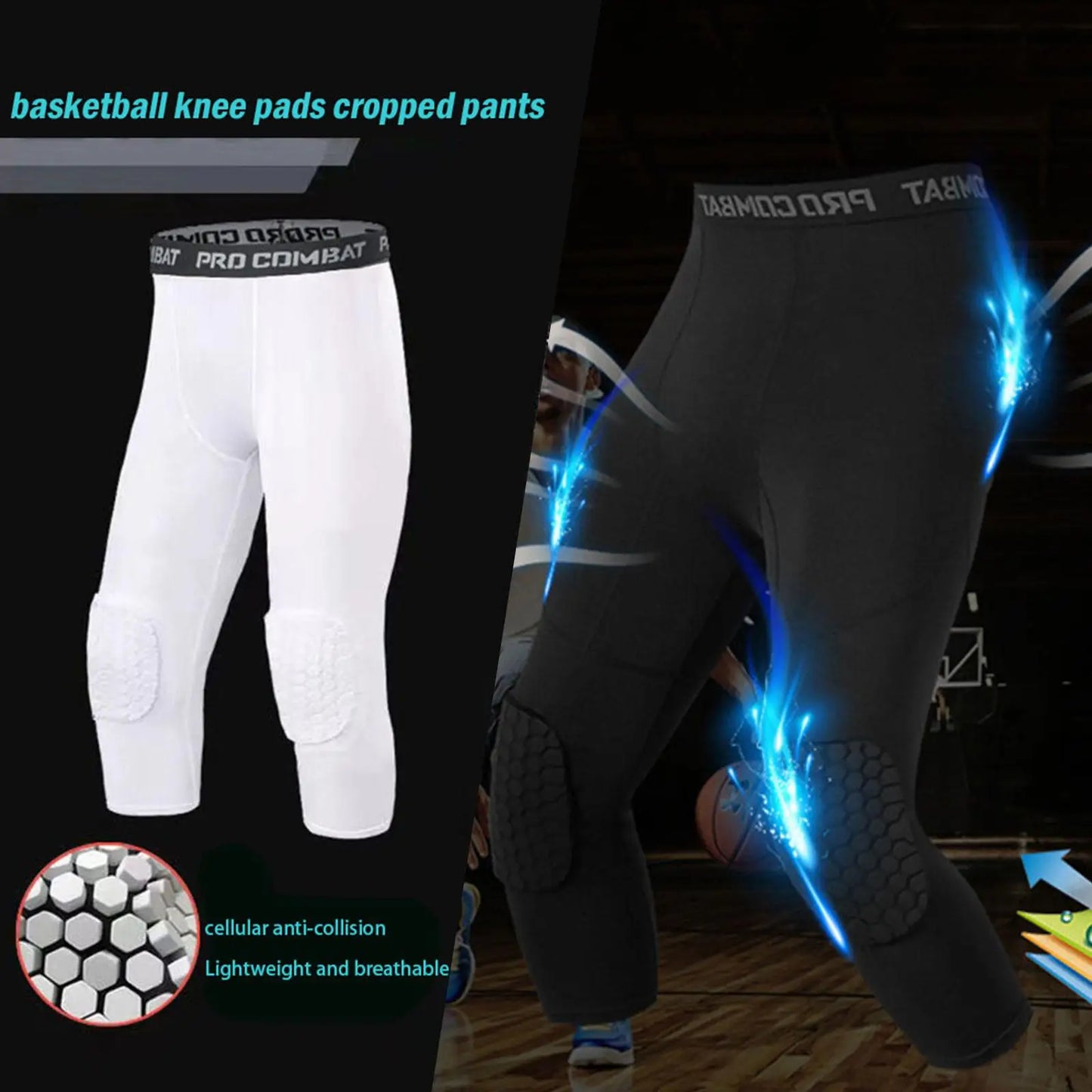 Men's Honeycomb Knee Pads Running Anti-collision Tight Safety Pants Basketball Training 3/4 Leggings Sports Compression Pants