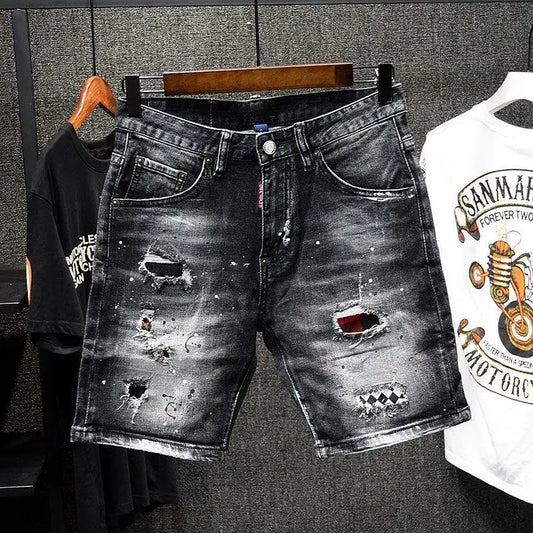 Luxury Brand Designer Clothes Men's Casual Denim Knee-Length Shorts Summer 2024 Fashion Black Patches Paint Jeans Shorts Men