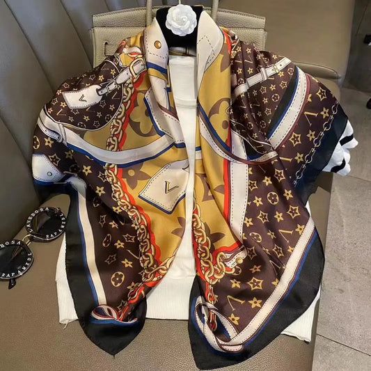 Light luxury 90 Silk scarf imitatingly printed with black and white stripes large square shawl New Year gift