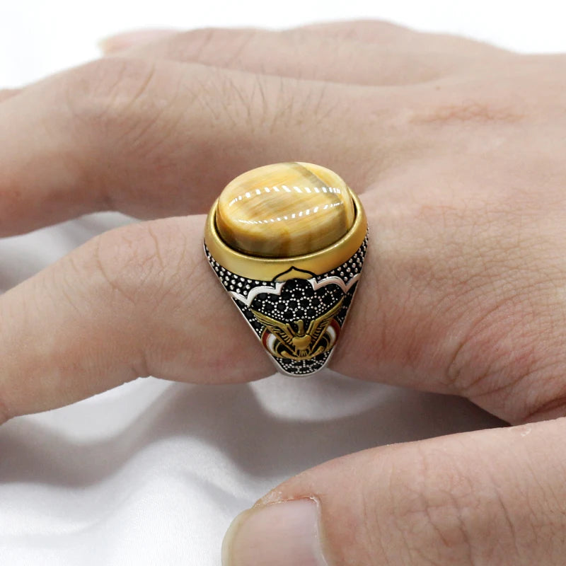 2022 New Fashion Punk Retro Men's Ring Natural Gold Tiger Eye Stone 925 Sterling Silver Jewelry Set Wedding Ring for Woman