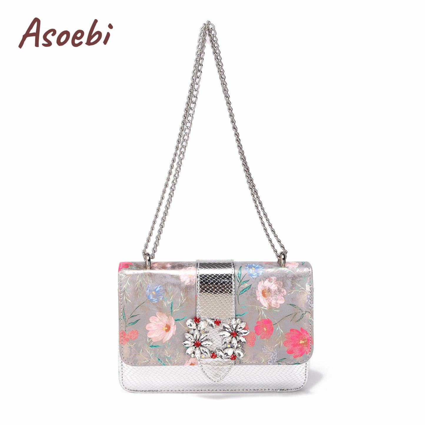 Women High Heels Sandals Printing Flower Material with Rhinestone Italian Design Coffee Color Pointed Toe Shoes and Bags Set