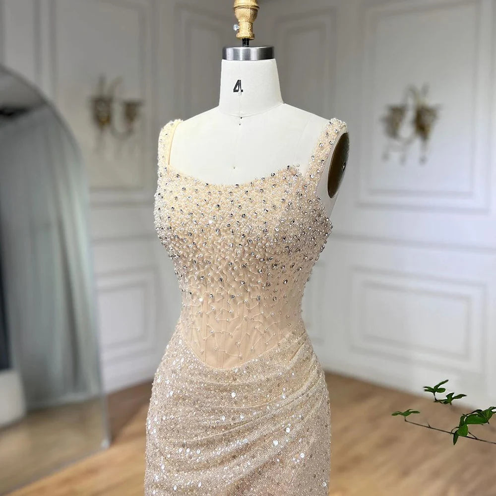 Serene Hill Beige Mermaid Floor Length Evening Gowns Luxury Beaded Crystal Spaghetti Strap Party Drsses For Women 2024 LA72163