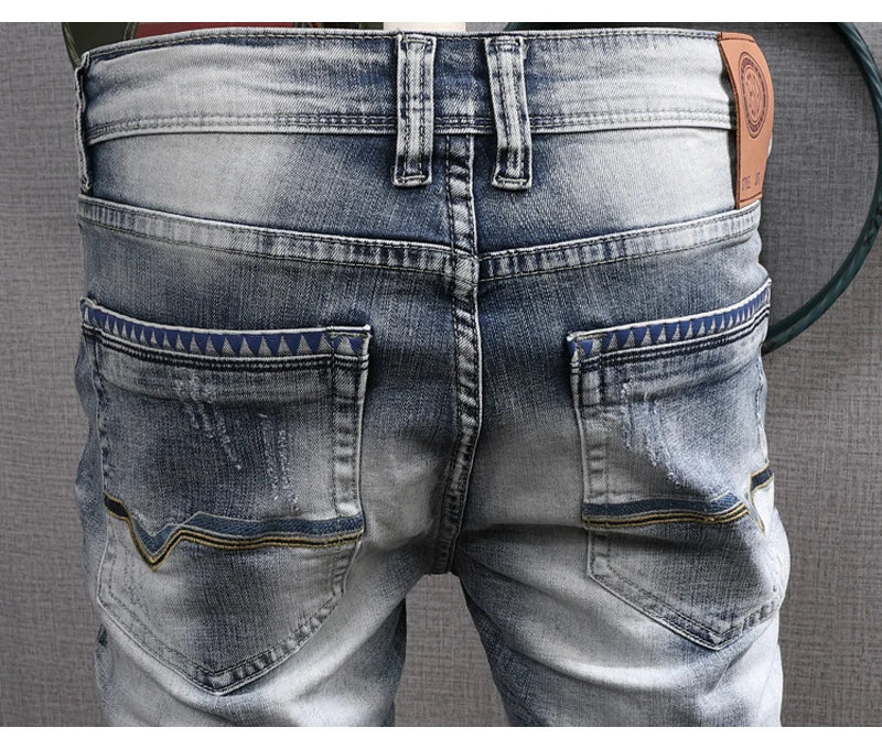 Fashion Designer Men Jeans Retro Light Blue Stretch Slim Fit Printed Ripped Jeans Men Hole Trousers Vintage Casual Pants Hombre