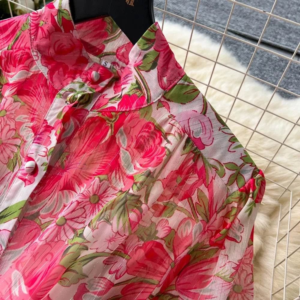 Retro Print o neck  lool sleeve sashes Single Breasted Dress A-line Casual High Waist Women Summer chiffon Dresses