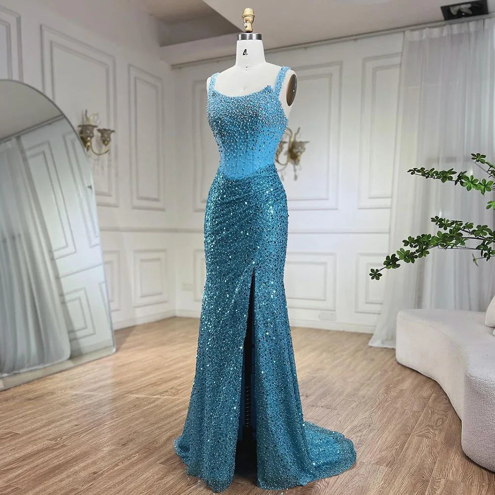 Serene Hill Beige Mermaid Floor Length Evening Gowns Luxury Beaded Crystal Spaghetti Strap Party Drsses For Women 2024 LA72163