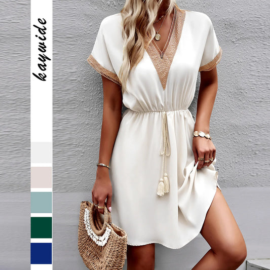 High Quality Dress Women Summer 2024 Casual Hollow Lace Patchwork V-neck Short Dress Tassels Tied Waist Belt Vintage Vestido Y2k