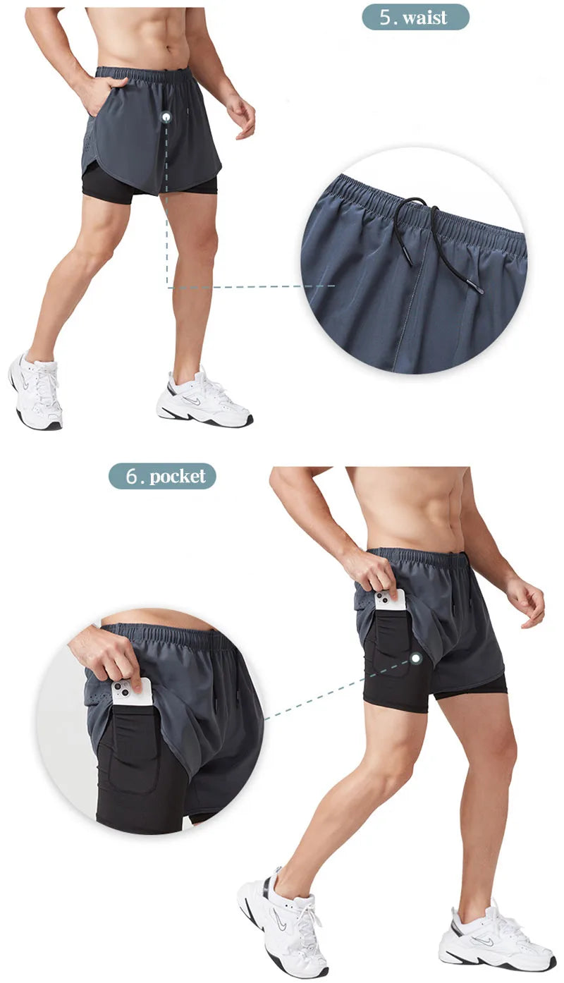 2023 Sport Shorts Men Sportswear Double-deck Training Short Pant Summer 2 In 1 Beach Homme Clothing Jogging Gym Running Shorts