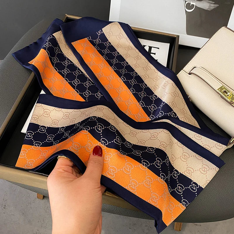 Luxury Print Imitation Silk Scarf Headband Neckerchief Foulard Female Hair Scarfs Neck Tie Skinny Scarves Soft Satin
