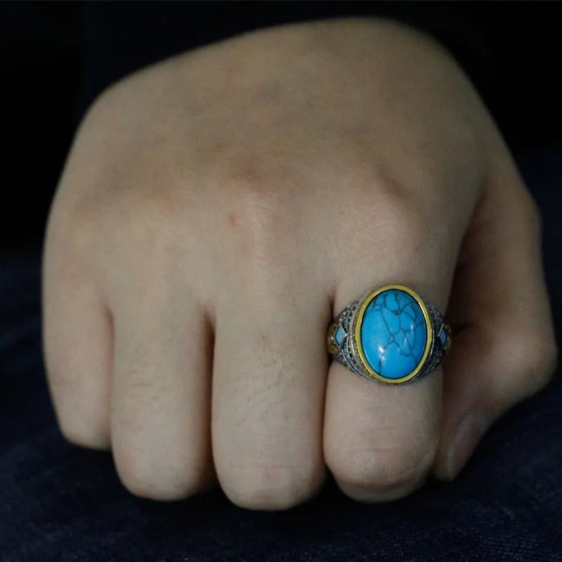 Popular Türkiye Men's Handmade Ring Sterling Silver S925 Women's Turquoise Religious Muslim Christmas Jewelry Gift