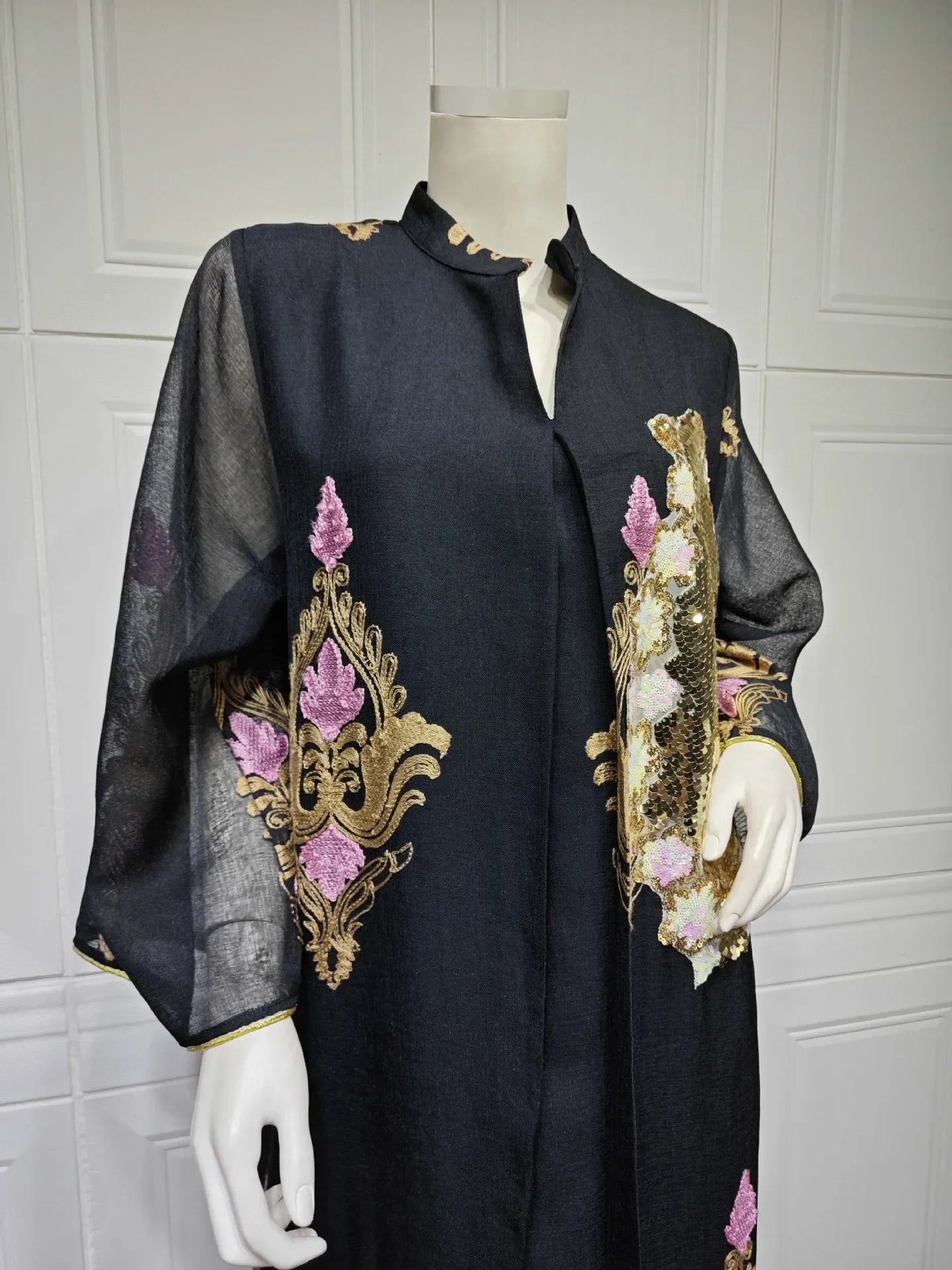 Mesh Sequins Embroidered Abaya Dress for Women Winter 2024 Middle East Arab Oman Dubai Muslim Moroccan Caftan Party Clothes Eid