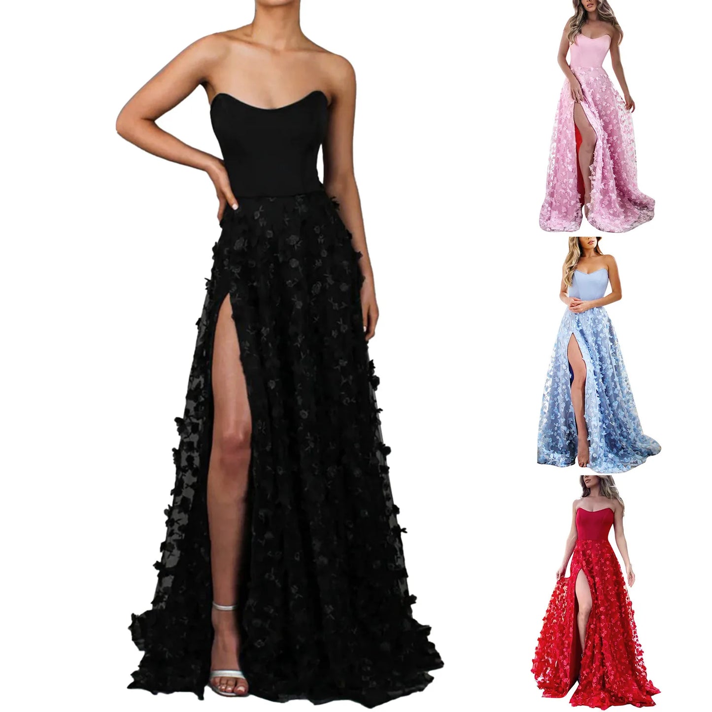 Sexy Floral Feather Tassel Strapless Long Wedding Dress Women Elegant Backless Bandage Evening Formal Party Prom Ball Gown Robes