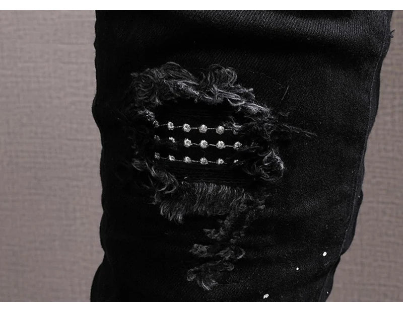 Streetwear Fashion Men Jeans Black Color Stretch Elastic Slim Fit Painted Ripped Jeans Men Patch Designer Hip Hop Pants Hombre