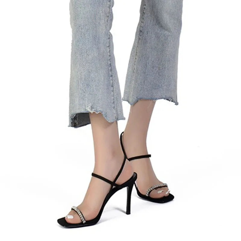 Heel Sandals Women Rhinestone Sexy Thin High Heels Sandals Female 2024 New Summer Party Dress Shoes Ladies Black Pumps Sandales