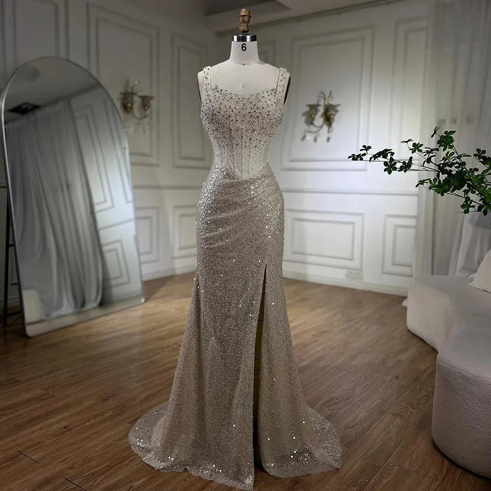 Serene Hill Beige Mermaid Floor Length Evening Gowns Luxury Beaded Crystal Spaghetti Strap Party Drsses For Women 2024 LA72163
