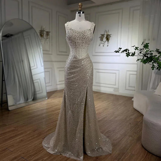 Serene Hill Beige Mermaid Floor Length Evening Gowns Luxury Beaded Crystal Spaghetti Strap Party Drsses For Women 2024 LA72163