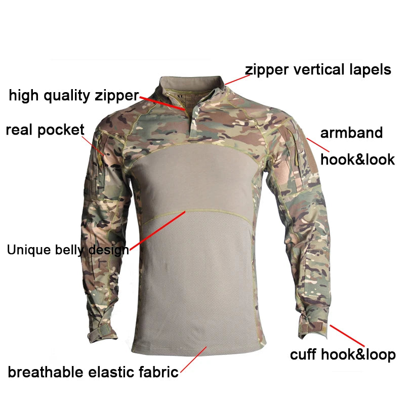 Tactical Shirts Combat Shirt Men Clothing Elasticity Man Shirt wear-resisting Camo T Shirt Long Shirt Hunting Clothes