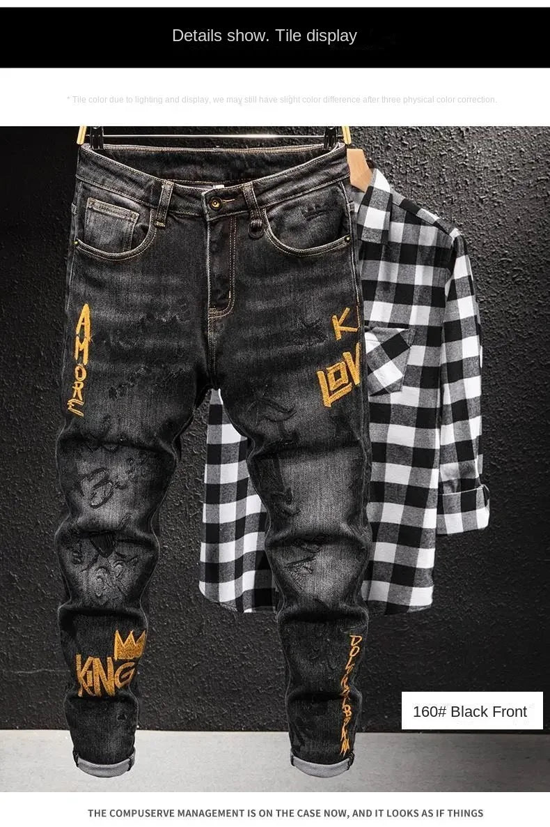 Fashion High-end Korean Luxury Streetwear Punk Casual Slim Fit Denim Jeans for Spring and Autumn with 3D Embroidery Design Jeans