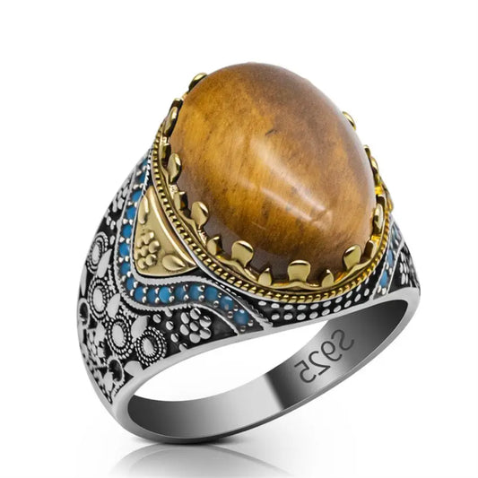 Wholesale Tiger eye's Stone Turkish rings Men Vintage Natural Handmade men Sterling silver ring 925 natural s