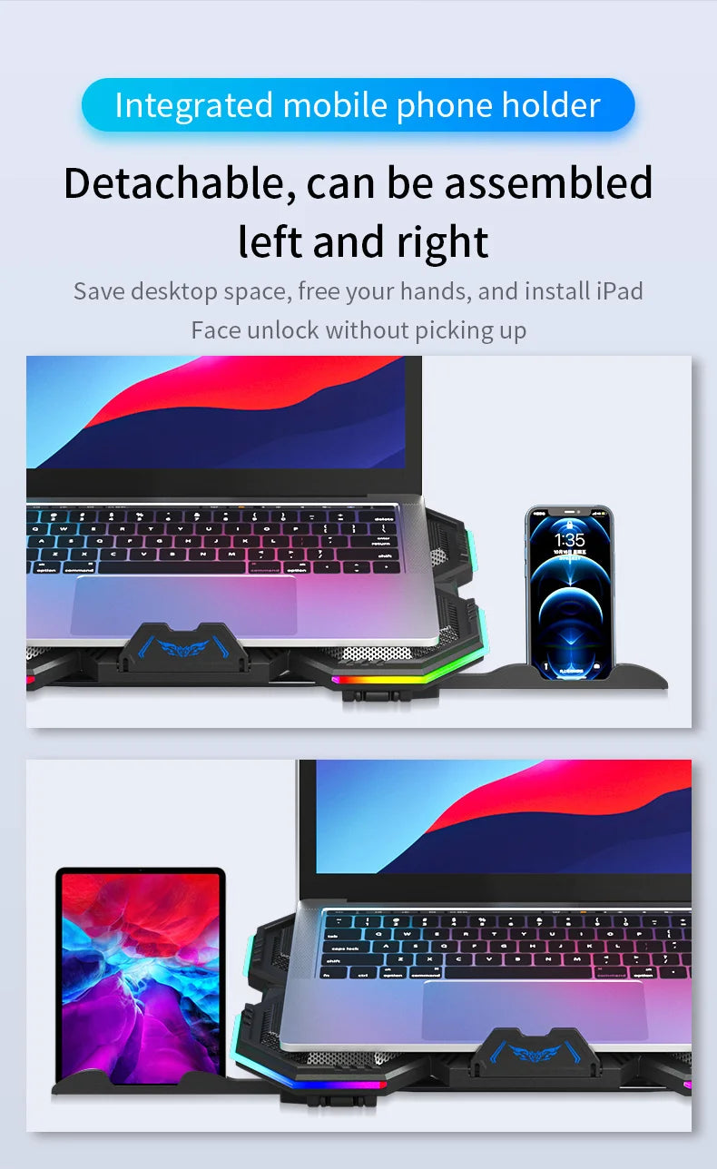 Laptop Cooler Cooling Pad 6 Fans Rgb Laptop Cooling Stand Cooler Radiator Base Notebook Holder with LED Phone Expansion Holder