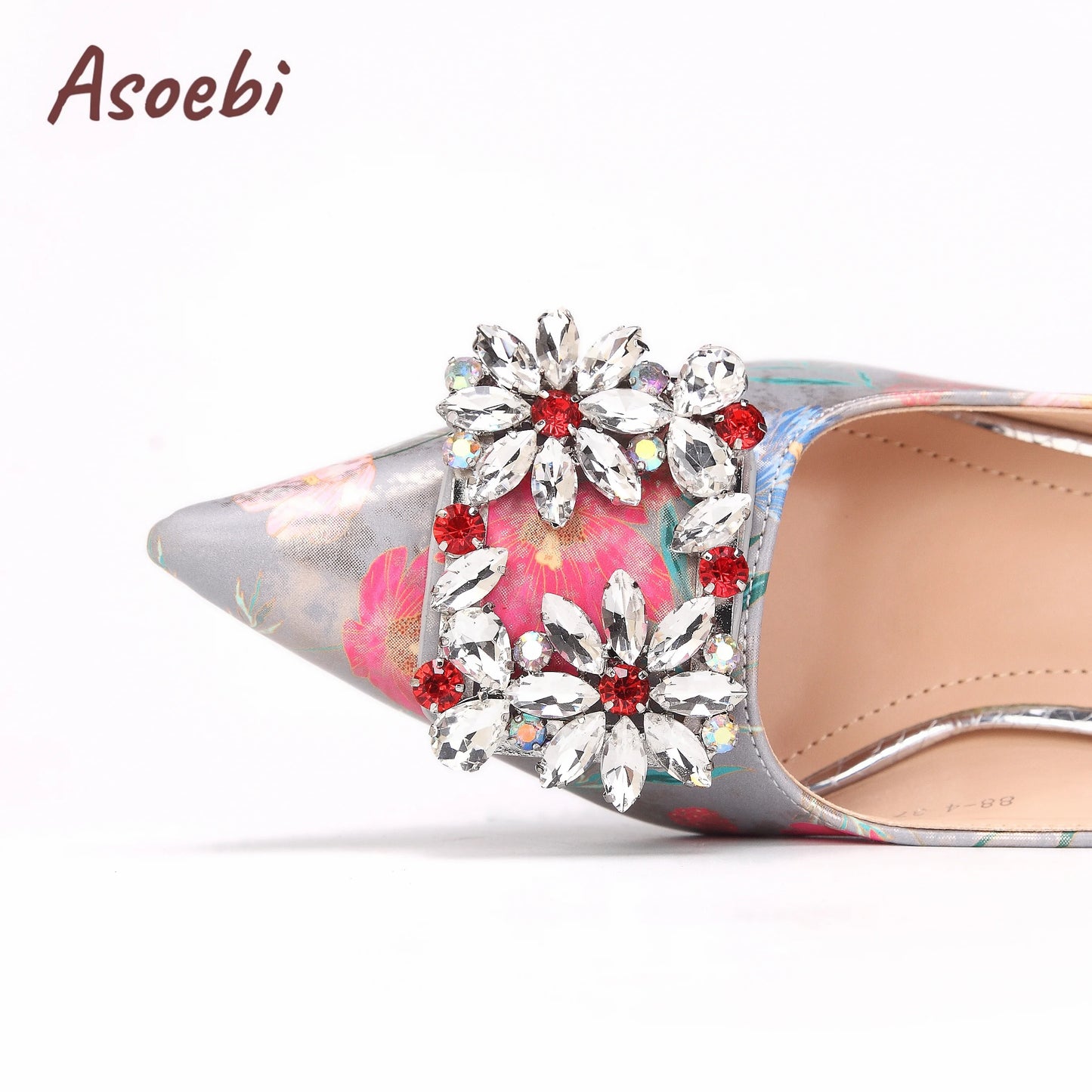 Women High Heels Sandals Printing Flower Material with Rhinestone Italian Design Coffee Color Pointed Toe Shoes and Bags Set