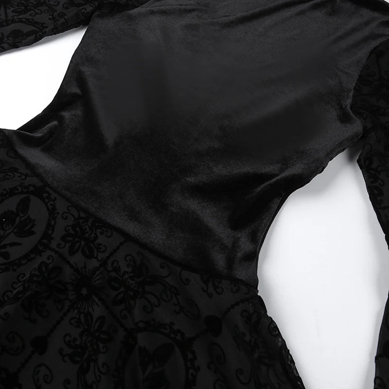 InsGoth Gothic Long Sleeve Ruffle Mini Dress Women's Vintage V Neck Velvet Stretchy Bodycon Cocktail Dresses Victorian Blouse