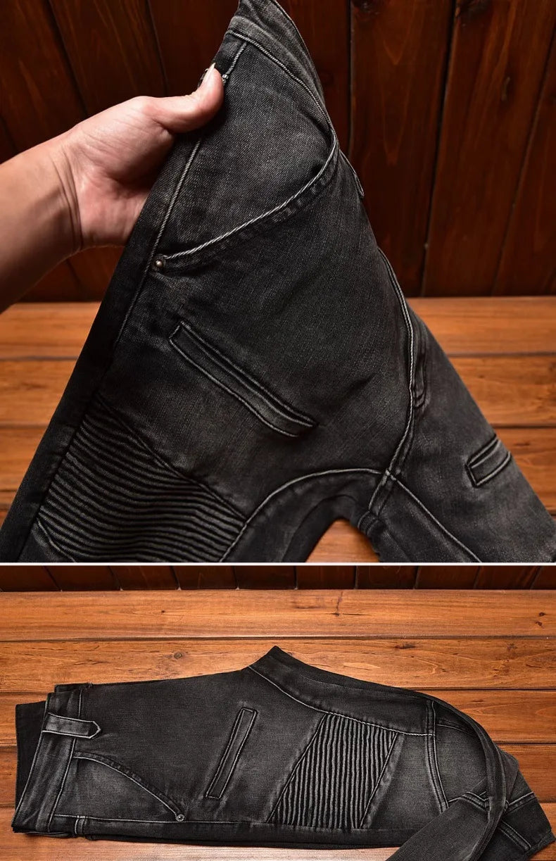Motorcycle Jeans Black and Gray for Men 2024 Fashion Rock Skinny Pants Personality Stitching Vintage Men's Skinny Trousers