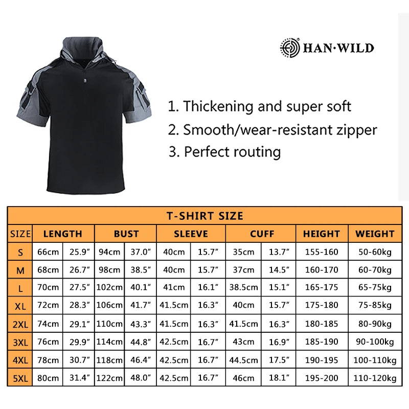 HAN WILD Cotton Shirts Tactical Shirt for Men Combat T-shirt Wear Resistant Airsoft Camping T-shirts Hooded Hiking Hunt Clothes