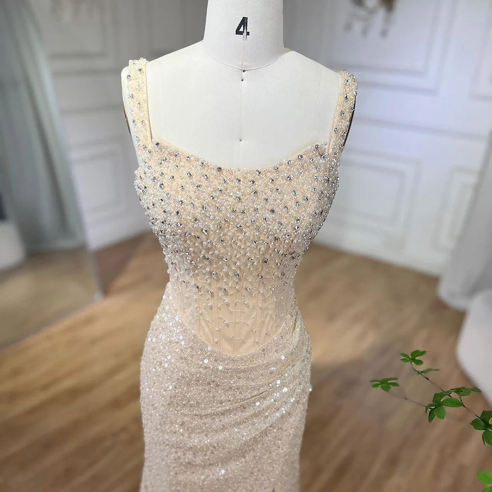 Serene Hill Beige Mermaid Floor Length Evening Gowns Luxury Beaded Crystal Spaghetti Strap Party Drsses For Women 2024 LA72163