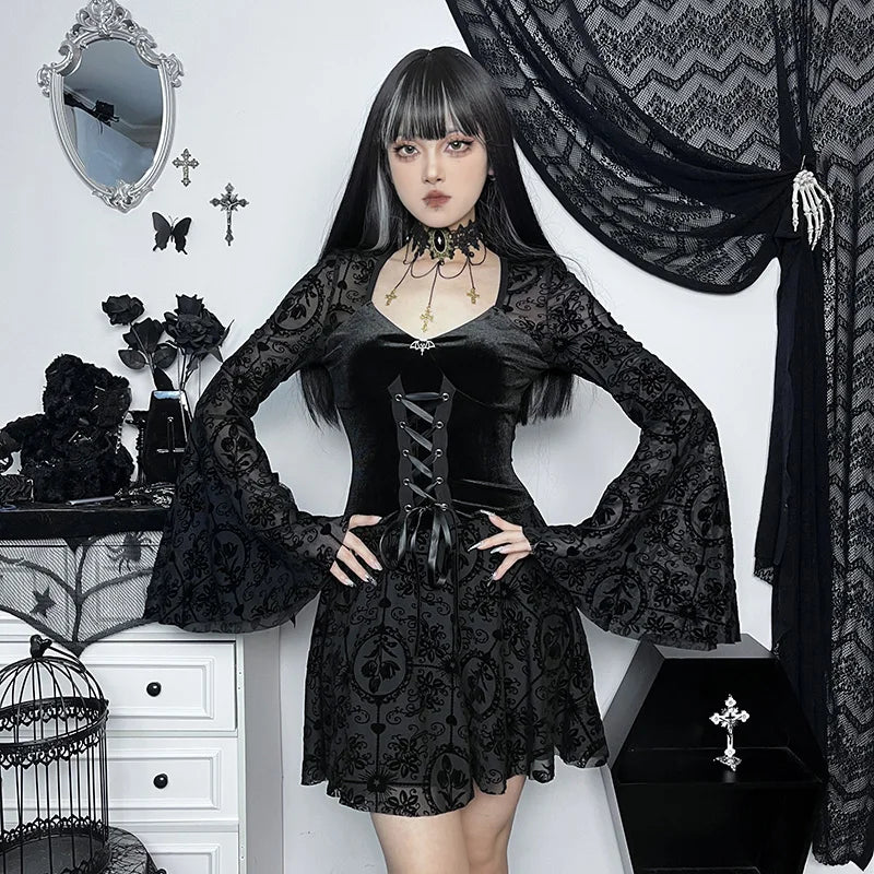 InsGoth Gothic Long Sleeve Ruffle Mini Dress Women's Vintage V Neck Velvet Stretchy Bodycon Cocktail Dresses Victorian Blouse