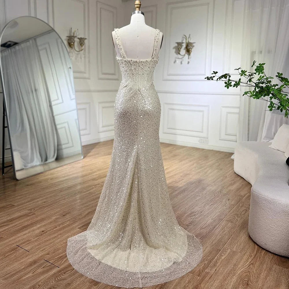 Serene Hill Beige Mermaid Floor Length Evening Gowns Luxury Beaded Crystal Spaghetti Strap Party Drsses For Women 2024 LA72163
