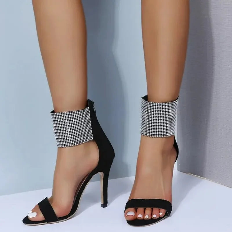 2024 Summer New Rhinestone Stiletto Sandals for Women Sexy Open Toe Faux Suede Back Zipper Super High Heels Wedding Party Shoes