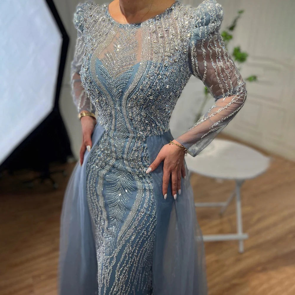 Serene Hill Muslim Blue Mermaid Over Skirt Evening Dresses Beads Puff Shoulder Prom Formal Gowns 2024 For Women Party LA72030