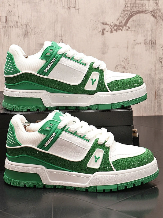 New Fashion Men's Lace-Up Two Tone Mixed Platform Casual Rhinestone Board Shoes Flats Outdoors Walking Footwear Zapatos Hombre