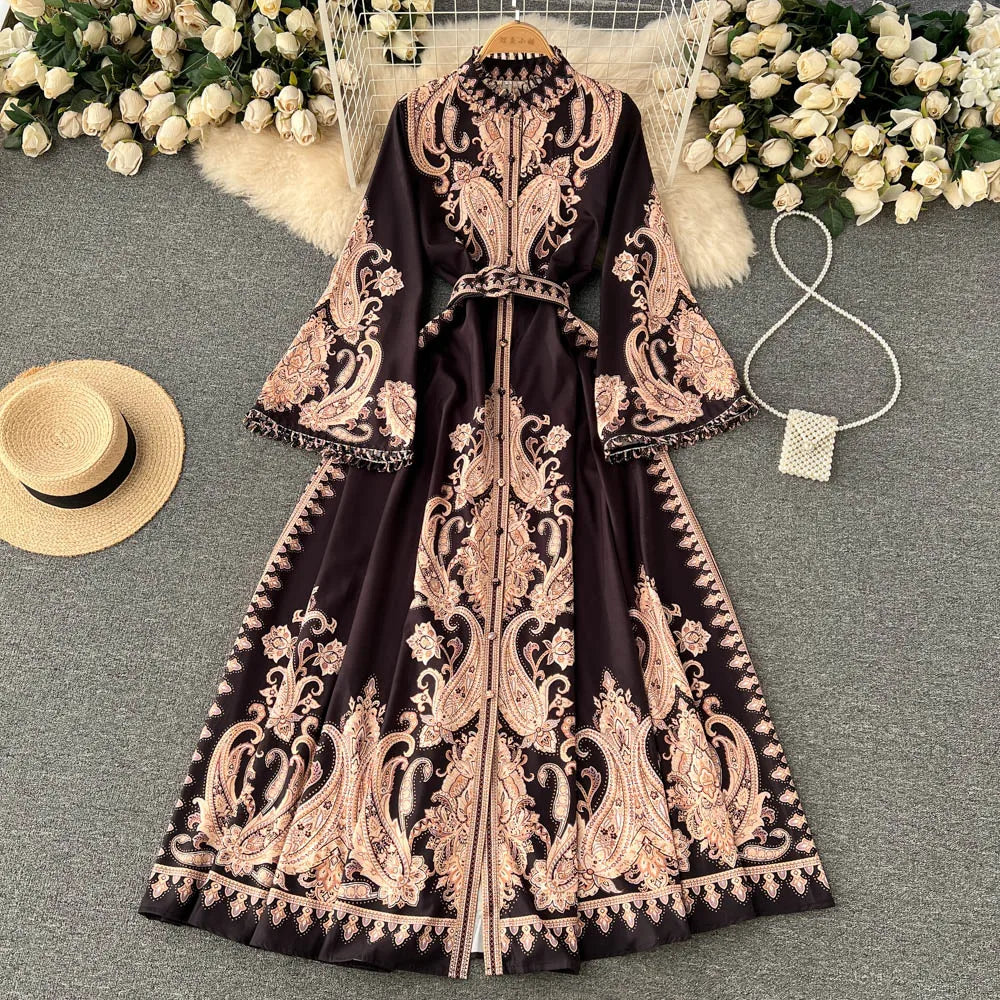 Spring Autumn Retro Long Dress Women Standing Neck Flared Sleeve Printed Party Dresses Ladies Slim A-line Court Style Long Robe