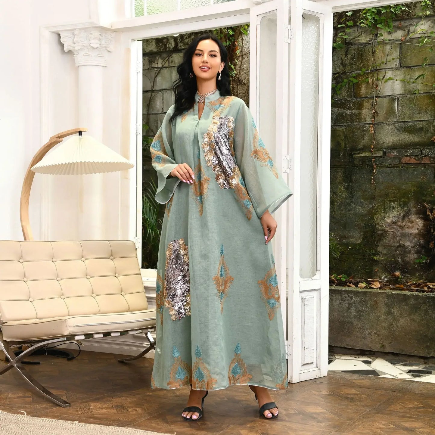 Mesh Sequins Embroidered Abaya Dress for Women Winter 2024 Middle East Arab Oman Dubai Muslim Moroccan Caftan Party Clothes Eid