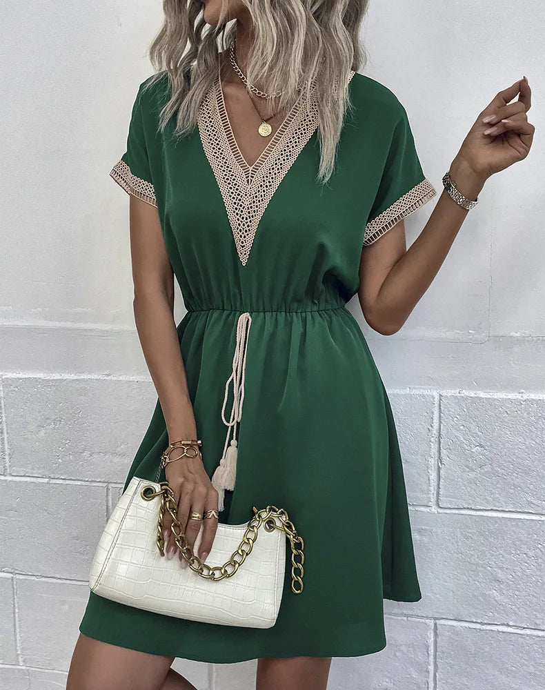 High Quality Dress Women Summer 2024 Casual Hollow Lace Patchwork V-neck Short Dress Tassels Tied Waist Belt Vintage Vestido Y2k